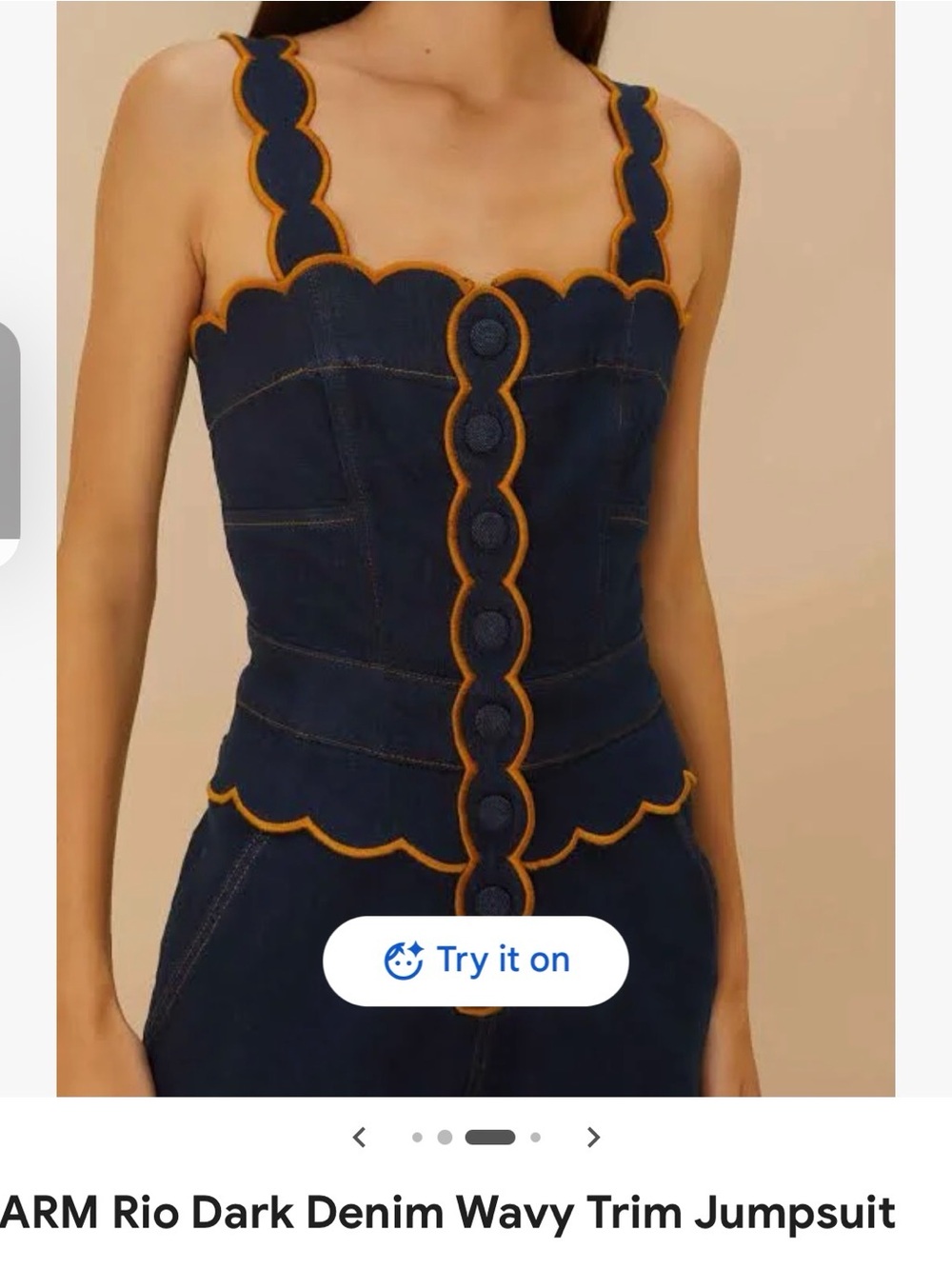 FARM Rio Navy Denim Jumpsuit with Orange Scalloped Trim